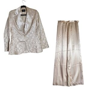 Patty Woodard Vintage Bone Satin Quilted Blazer & maxi skirt Suit Set Size 12